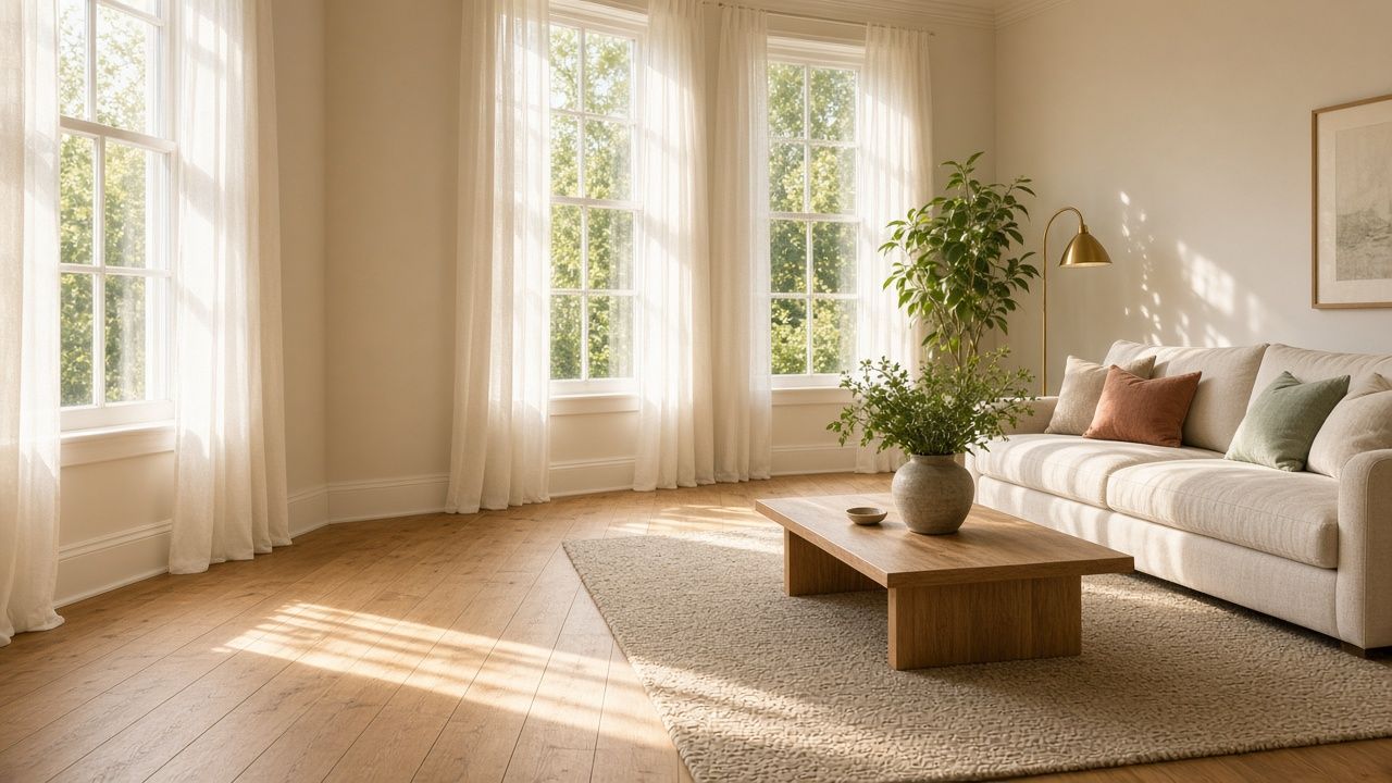 Sunlit living room with cream sofa and oak floor